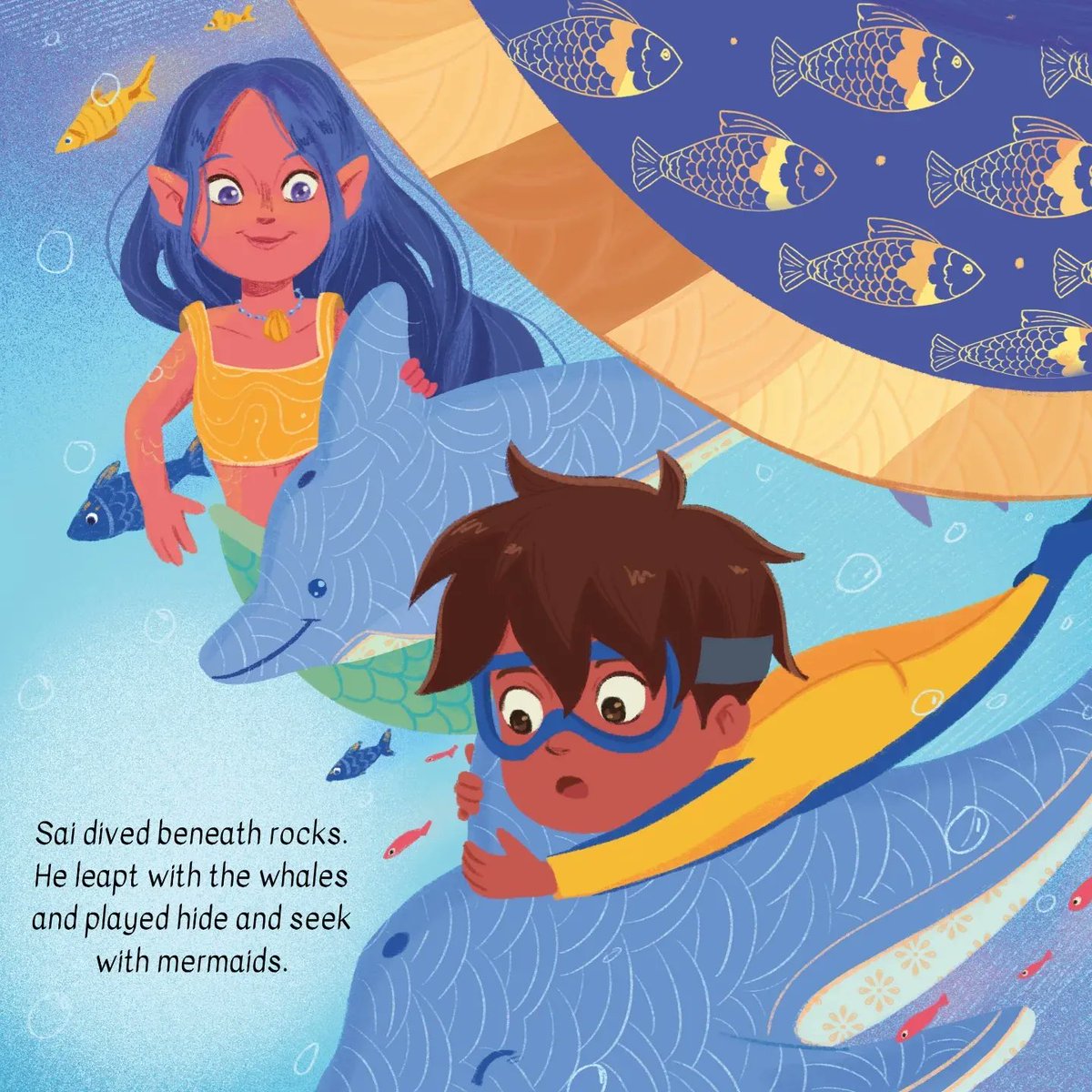 Shyalas's tweet photo. Sharing a few of my favourite pages from SAI'S MAGIC SILK. The magic sweeping across the pages is illustrated by @jani_balakumar 😍

Pre-order link https://t.co/CXbEh7K7oJ

#picturebook #illustration #southasiankidlit #southasian #kidlit #london #kidlitart #mermaid #sari #writers https://t.co/VKsQg59GCH
