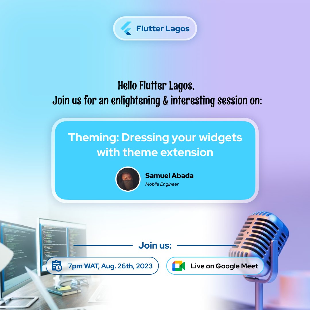 FlutterLagos's tweet photo. Join @mastersam_ on Aug 26th for an enlightening talk on "Dressing widgets with themes". 
Meet Samuel, our very own Batman! Mobile engineer at @ShuttlersMobility, Flutter lover, open-source contributor, anime fan, gamer. Don't miss it! #FlutterLagos 
Link: https://t.co/3H1ZxLT3s2 https://t.co/eGDy460LDw