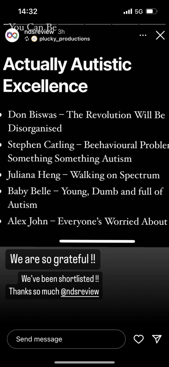 We just got shortlisted for the autistic excellence award! 
Along with these other extremely talented people !! 
Thanks so much <a href="/NDSreview/">Neurodiverse Review</a> !!!