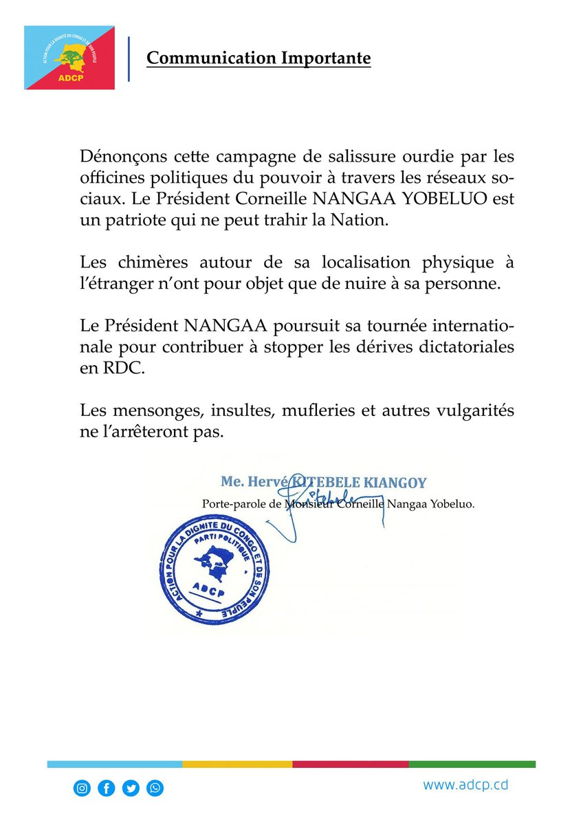 AdcpOfficiel's tweet photo. Démenti sur la fausse information qui circule au sujet du président du parti @AdcpOfficiel Monsieur Corneille Nangaa Yobeluo @CNangaa

#FakeNews #RDCongo @Kitebeleherve13 @FondationYLN @martens_bonyoma @CandideKipulu @HarmonieKembo https://t.co/vAccZwCOfB