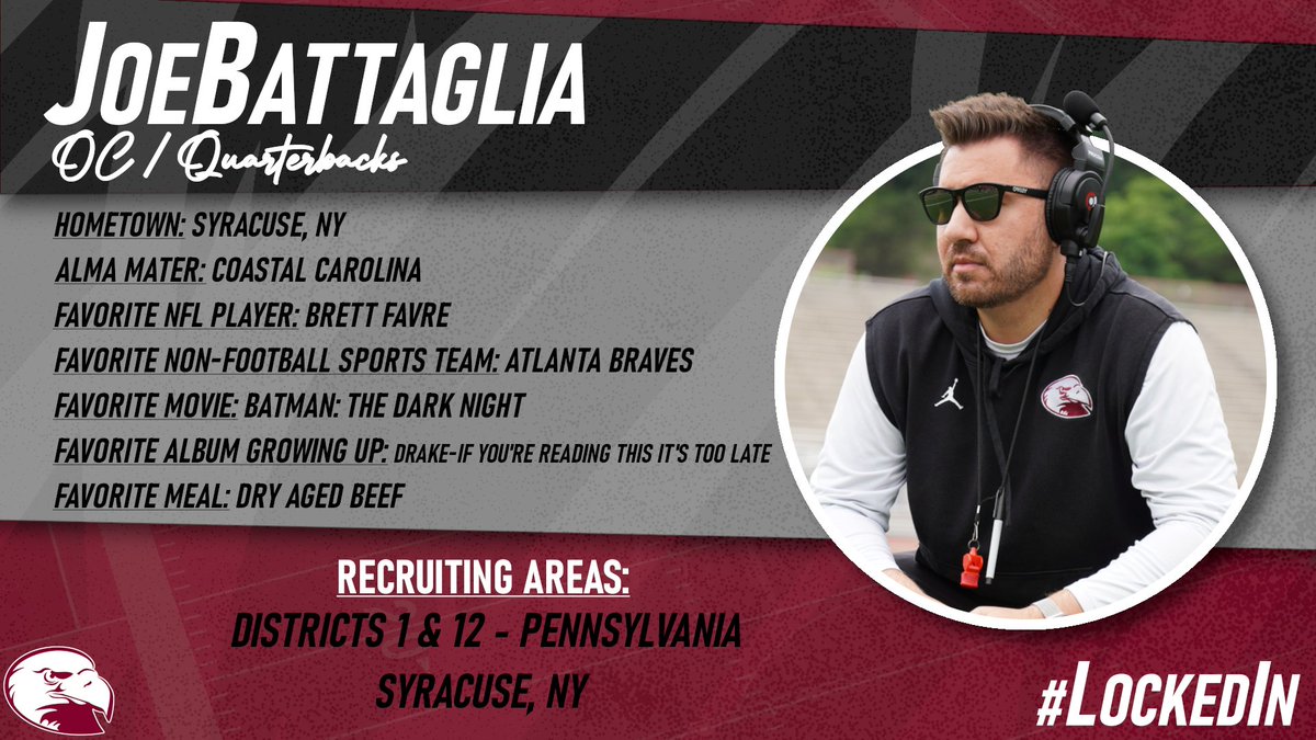 MEET THE STAFF: Coach Joe Battaglia is our Offensive Coordinator & Quarterbacks Coach. Check out his bio and give him a follow! @CoachJBattaglia #LockedIn🔒🦅