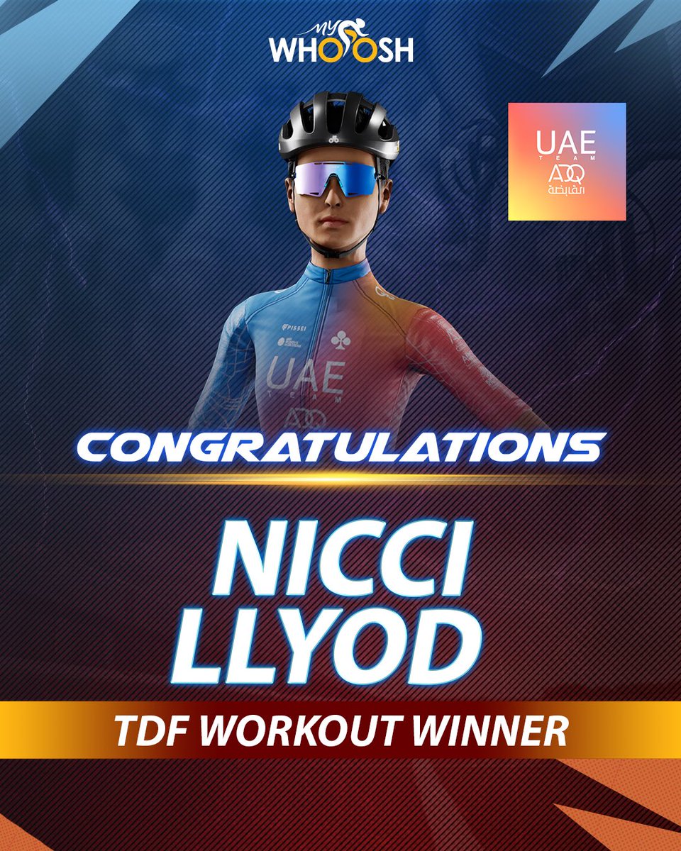 my_whoosh's tweet photo. 🥳 We're thrilled to share the amazing news that Nicci Llyod has conquered all 5 UAE Team ADQ TDF Style workouts and emerged as the champion, winning a UAE Team ADQ Jersey signed by Marta Bastianelli! 🚴♀️🎁
#MyWhooshTDFWorkouts #UAETeamADQ #VirtualEvent #TDF2023 #ChallengeYourself #VirtualCycling #CyclingEvent #Indoorcycling #VirtualTraining