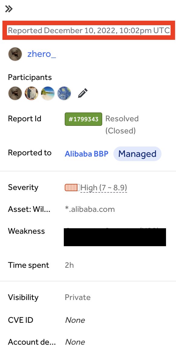 zhero___'s tweet image. 10.12.22 - Submission
11.12.22 - Internal disc. with the sec team
23.01.23 - Start of mediation
20.02.23 - Needs more info (=Vulnerability patched by the Alibaba team and therefore not reproductible)
15.08.23 - Resolved (without bounty of course)

#BugBounty #hackerone #infosec