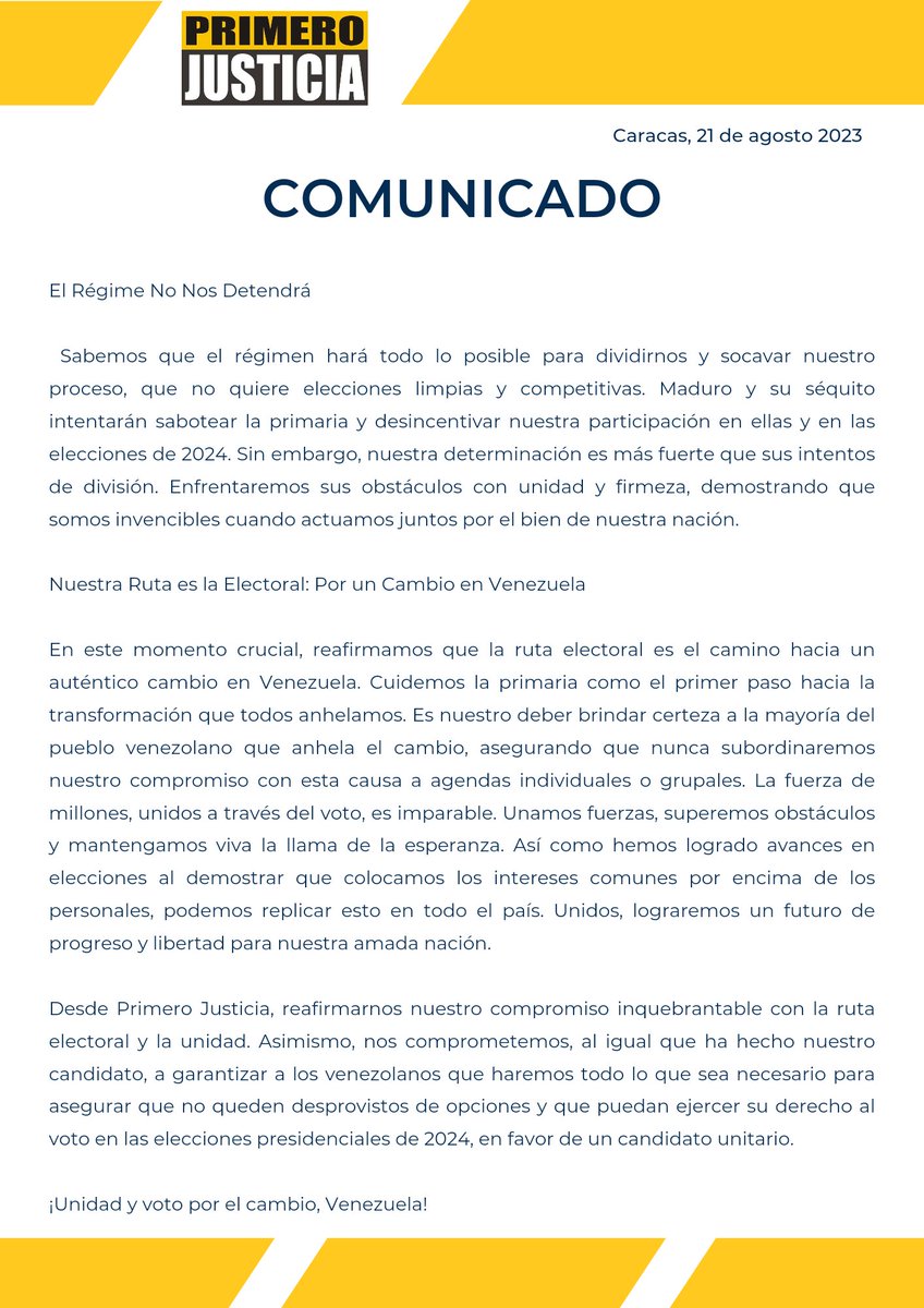 Como <a href="/Pr1meroJusticia/">Primero Justicia</a>  reafirmamos nuestro compromiso con las primarias  y tener Las Primarias del Cambio para #Venezuela  #VamosAEcharPaLante con #LaVenezuelaDelEcuentro