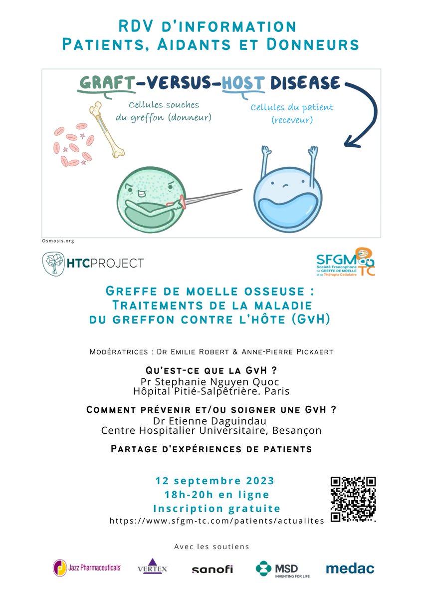 Pour tout savoir sur la maladie du greffon contre l'hôte #GvHD #GvH 😷et ses traitements 💊suite à 1 #greffedemoelleosseuse, participez au RDV Patients Aidants Donneurs du 🗓️12 sept de 18h à 20h, organisé par <a href="/SFGM_TC/">SFGM-TC</a> &amp; #HTCProject. Inscription gratuite !👉sfgm-tc.com/patients-et-ai…