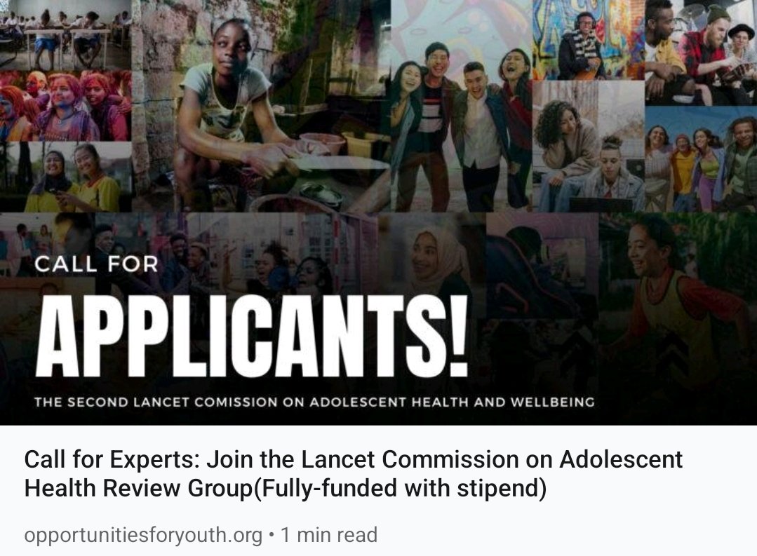 opportunitiesfy's tweet photo. Join the @TheLancet Commission on Adolescent #Health! Experts aged 18-30 wanted for the '#Adolescent and #Youth Review Group'. Passionate about youth health, various disciplines. Virtual calls, reviews, meetings, stipend. Apply by Sep 17. 

Details: https://t.co/ZuySnnZ5bz https://t.co/xOIdk65YpQ