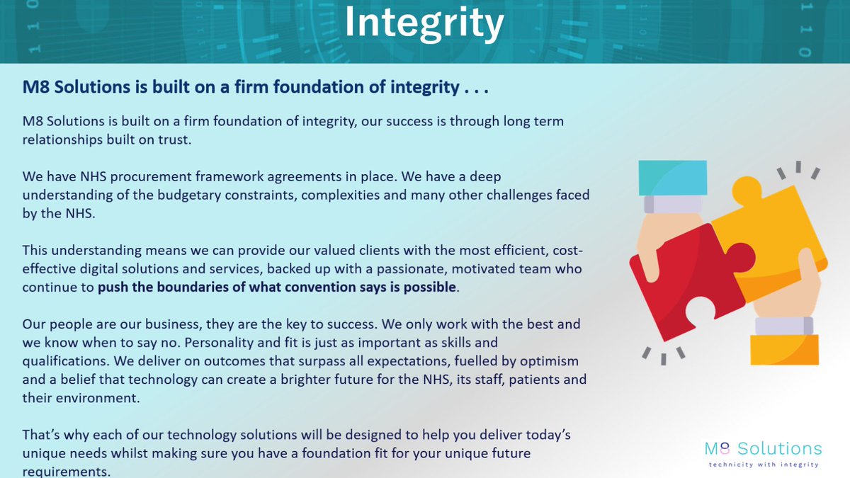 m8_solutions's tweet photo. We deliver on outcomes that surpass all expectations, fuelled by optimism and a belief that technology can create a brighter future for the NHS.

#M8Solutions #TechnicityWithIntegrity #NHS #DigitalTransformation https://t.co/R3jEWZTmh4