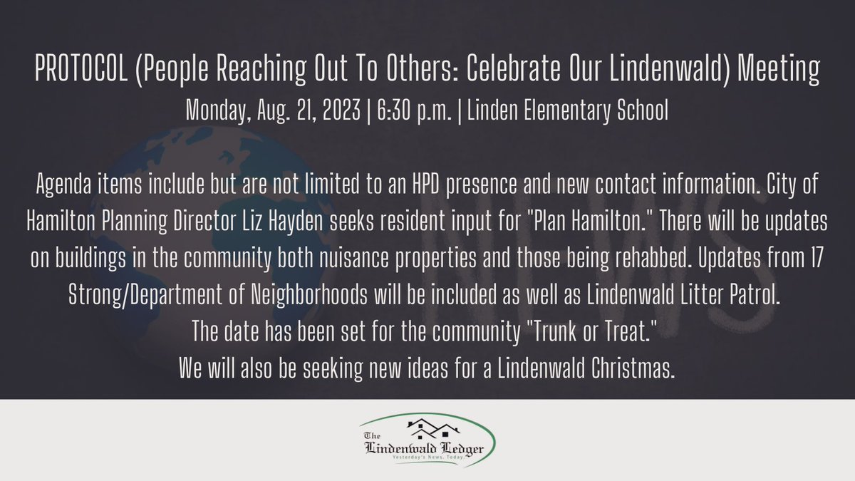 The Lindenwald Ledger (@lwaldledger) on Twitter photo 🚨 Tonight’s PROCOTOL meeting will be streamed on The Ledger’s Facebook page at 6:30 p.m.
📺 facebook.com/LindenwaldLedg…
<a href="/Hamilton_CSD/">Hamilton City School District</a> <a href="/17STRONGHam/">17STRONG Hamilton</a> <a href="/TvHAMILTON/">Tv HAMILTON</a> <a href="/HamChamberOH/">Hamilton Chamber OH</a> <a href="/HamiltonOh/">City of Hamilton, OH</a> <a href="/Hamilton_LN/">Linden Elementary</a> <a href="/MichaelRyan316/">Michael V. Ryan</a> <a href="/Joshua45011/">Joshua A. Smith</a> <a href="/HamiltonOhioPD/">Hamilton Ohio Police</a> 🚨 Tonight’s PROCOTOL meeting will be streamed on The Ledger’s Facebook page at 6:30 p.m.
📺 facebook.com/LindenwaldLedg…
<a href="/Hamilton_CSD/">Hamilton City School District</a> <a href="/17STRONGHam/">17STRONG Hamilton</a> <a href="/TvHAMILTON/">Tv HAMILTON</a> <a href="/HamChamberOH/">Hamilton Chamber OH</a> <a href="/HamiltonOh/">City of Hamilton, OH</a> <a href="/Hamilton_LN/">Linden Elementary</a> <a href="/MichaelRyan316/">Michael V. Ryan</a> <a href="/Joshua45011/">Joshua A. Smith</a> <a href="/HamiltonOhioPD/">Hamilton Ohio Police</a>