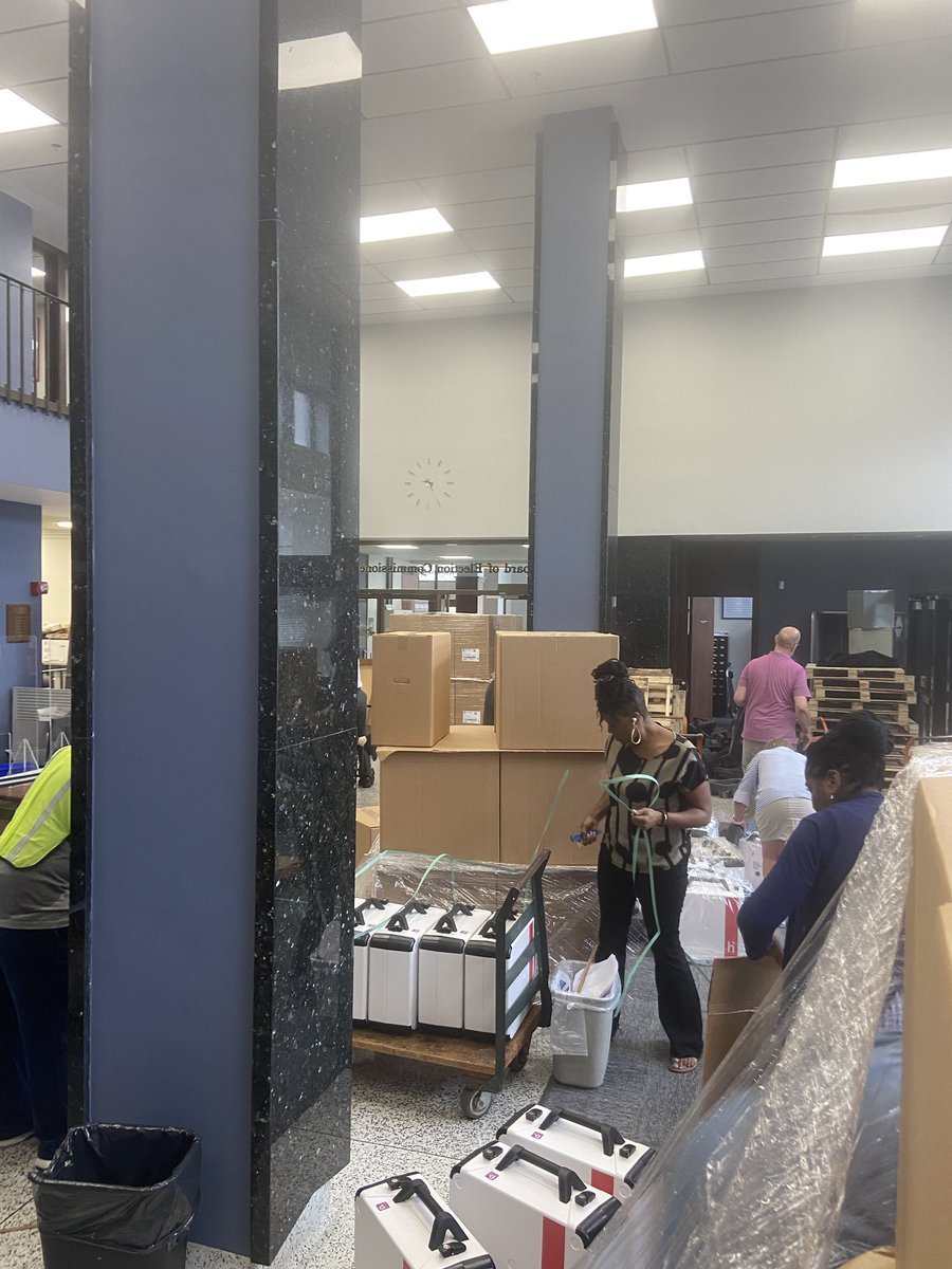stl_board's tweet photo. Phase 2 of the new voting equipment @HartInterCivic getting delivered and unpacked this morning at the St Louis City Board of Elections! All hands on deck. https://t.co/sRgpUv0RlZ