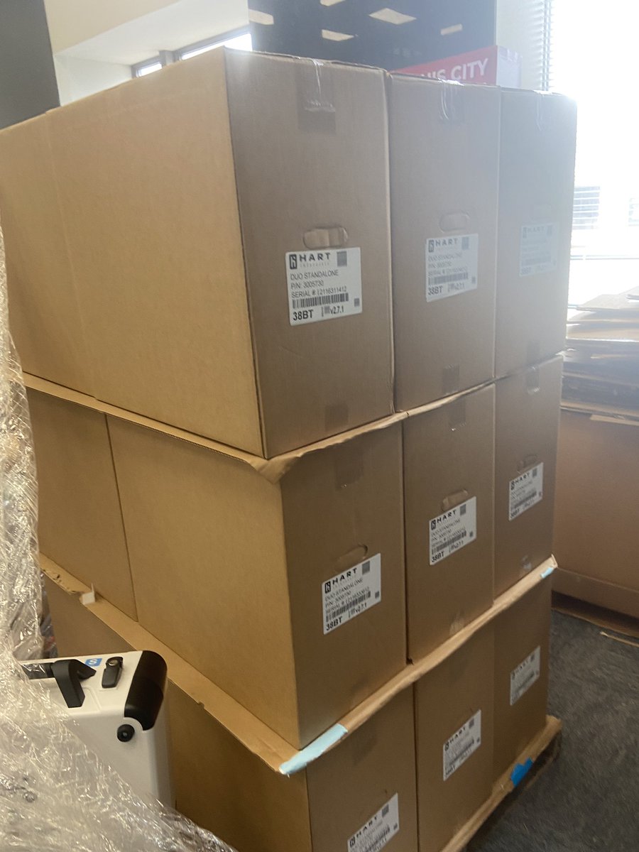 stl_board's tweet photo. Phase 2 of the new voting equipment @HartInterCivic getting delivered and unpacked this morning at the St Louis City Board of Elections! All hands on deck. https://t.co/sRgpUv0RlZ