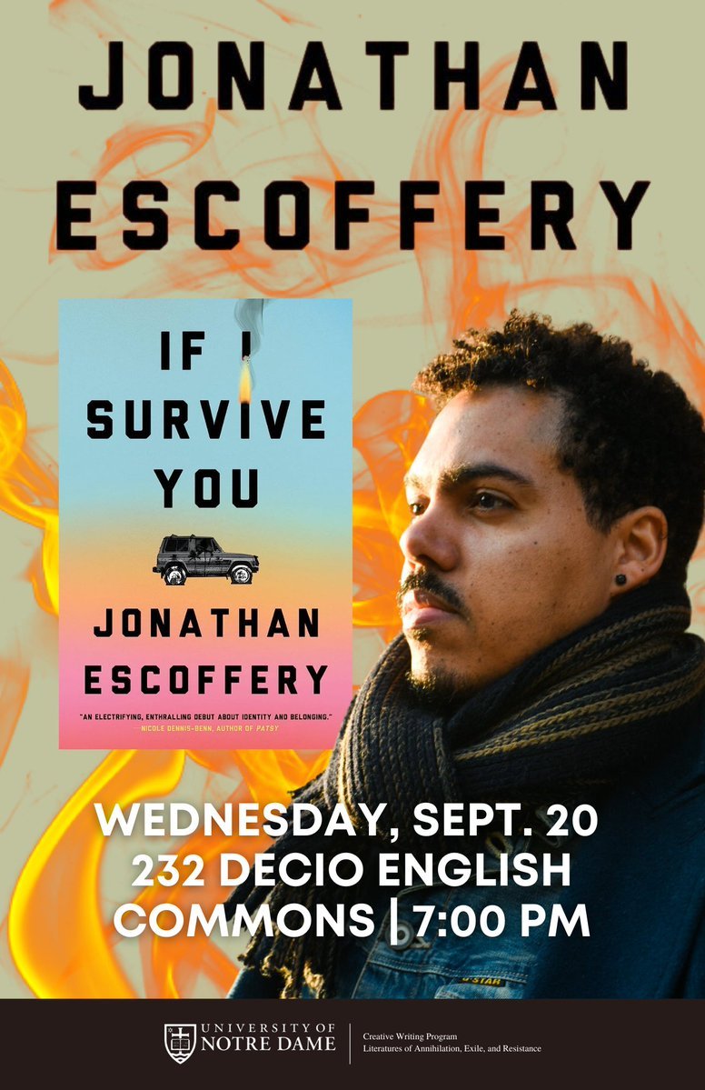 LitofExile's tweet photo. Join us for the Creative Writing Reading Series ft. @J_Escoffery on Wednesday, Sep 20, 2023, 7:00 pm - 8:30 pm at 232 Decio English Commons. You can join the event in person or on Zoom. 
https://t.co/CPuDnpjL1G

#NotreDame @NDCreativeWrite https://t.co/h2v91IA86l