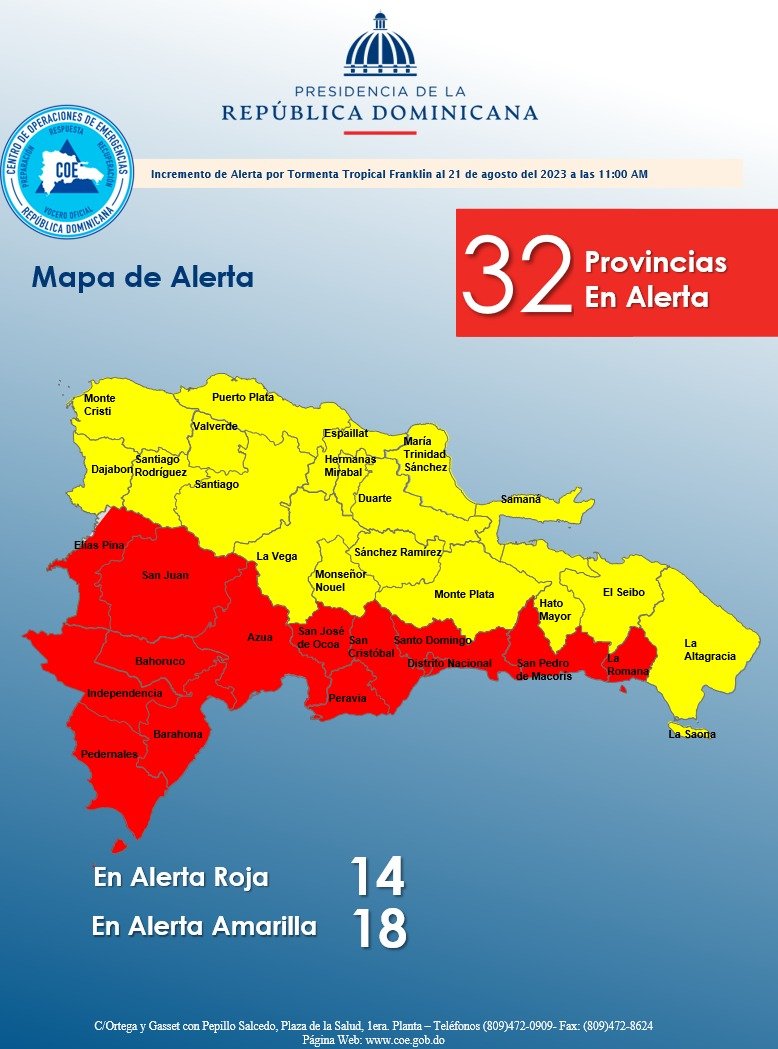TemporadaCiclon's tweet photo. 🚨 BOLETÍN EXTRAORDINARIO 🚨

El @COE_RD cambia el nivel de ALERTAS por el paso inminente de la #TormentaFranklin por la isla.
Esteves un MENSAJE CLAVE para los residentes de la República Dominicana.
#HollysConLaTormenta #Franklin https://t.co/rCzHdtVyxB