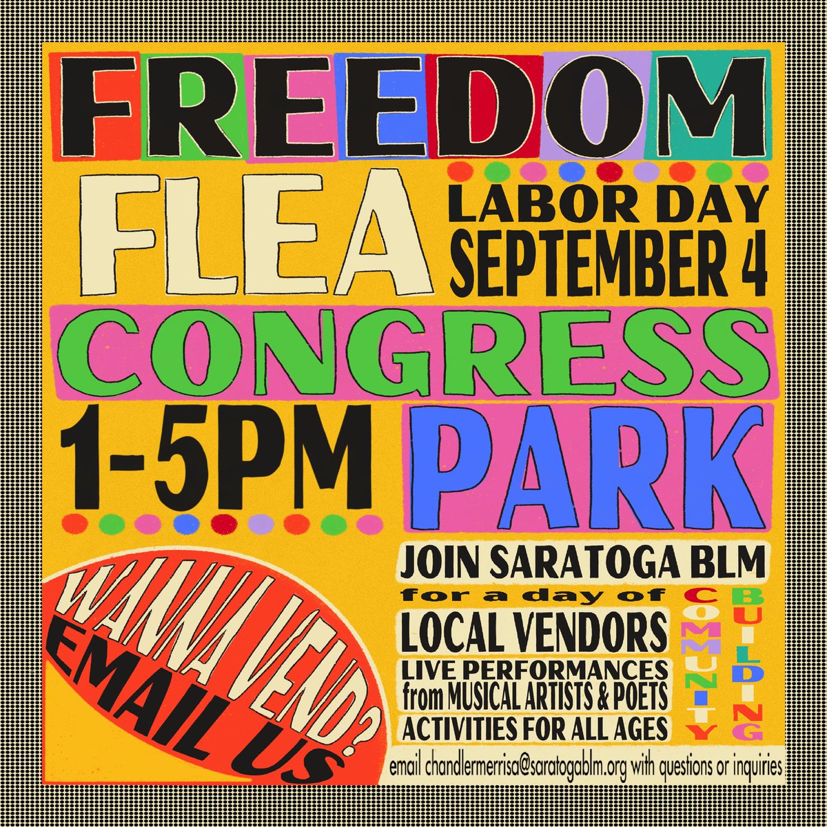 SaratogaBLM's tweet photo. ⭐️We have moved the Freedom Flea to Labor Day, Monday September 4th!⭐️

We will be joined by Black vendors from the Capital Region + beyond, local poets and performers, &amp; we will have activities for kids! https://t.co/H5GLwESbRx
