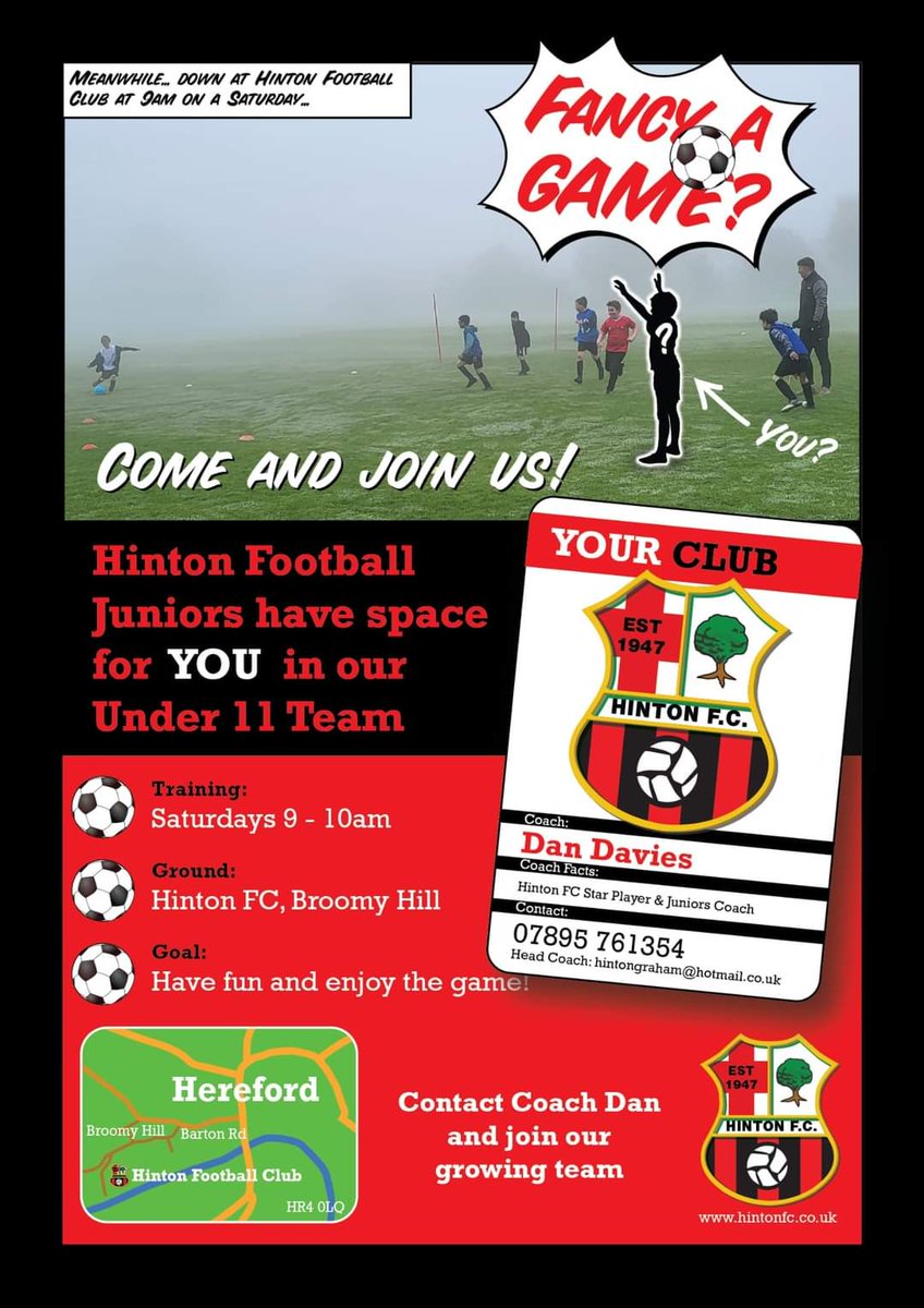Dont let your child be rotated in a large  squad each week, we have spaces in our u11 squad, turn up for a FREE session
#hereford
<a href="/HerefordshireFA/">Herefordshire FA</a> <a href="/WhatsInHereford/">What's In Herefordshire</a> <a href="/diana4hereford/">Diana Toynbee</a> 
<a href="/kev4HandH/">Cllr Kevin Tillett🔶️</a> <a href="/Jimofhereford/">Jim kenyon</a> <a href="/HMMHgroup/">Hereford Mens Mental Health</a>