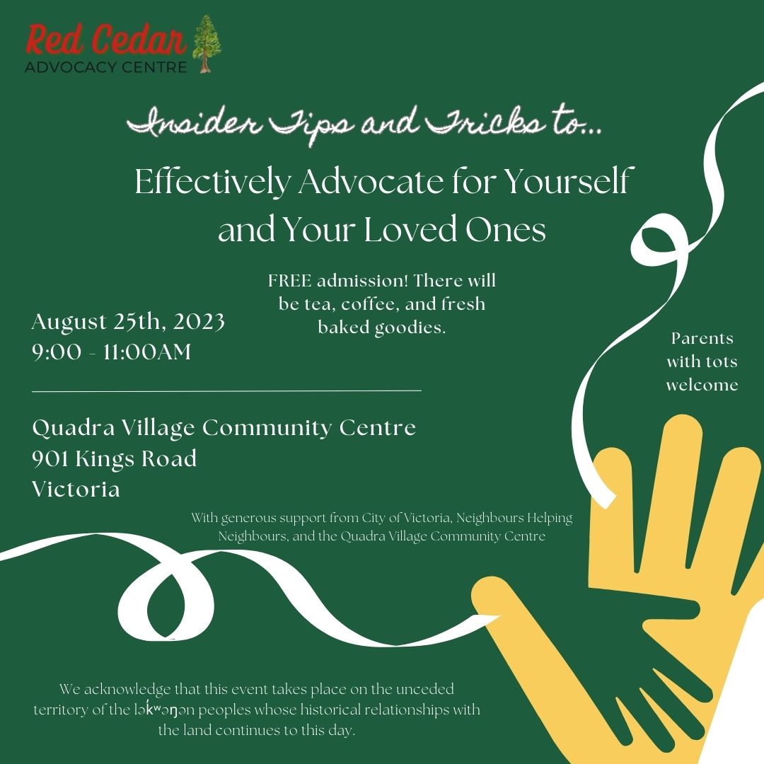 RedCedarCentre's tweet photo. Reminder that this Friday we are hosting a FREE workshop on how you can effectively advocate for yourself and your loved ones! 

Bring your stories and challenges, and learn practical tools and strategies for resolving disputes. You can RSVP here: https://t.co/Gy9E0gvWOp

#yyj https://t.co/0hXEGgr3GC