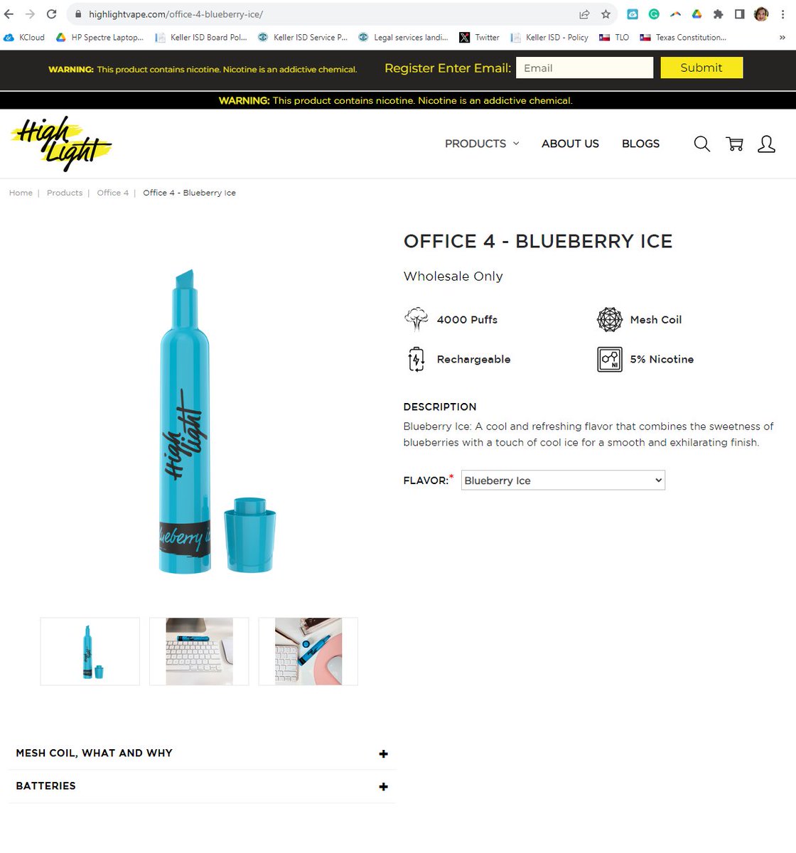 ambigbee's tweet photo. PSA:  This is a vape. It looks like a highlighter and is blueberry flavored. They tell us they aren't marketing these to kids...  Vapes push harmful chemicals into developing lungs and it's addictive. https://t.co/tGTofbRcUc