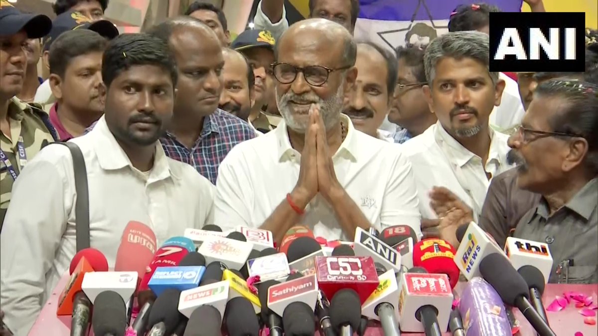 ANI's tweet photo. Chennai, Tamil Nadu | It is my habit to touch the feet of Yogis or Sanyasis and take their blessings, even if they are younger to me, I have done that only: Actor Rajinikanth on meeting UP CM Yogi Adityanath and touching his feet https://t.co/dPItSmLu2f