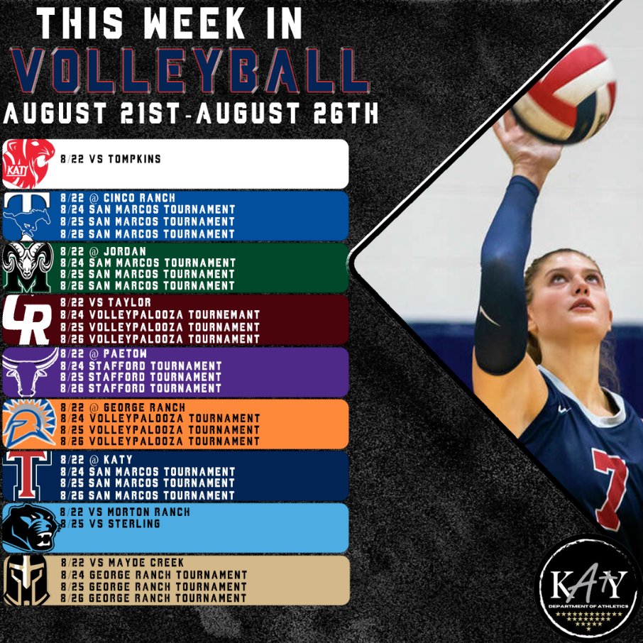 KatyISDAthletic's tweet photo. This week we will have multiple teams competing along with football starting their regular season.  Make sure you check your campus rank one account for any updates on times or location changes. https://t.co/31PipuxHjP https://t.co/UoClolf3Sm