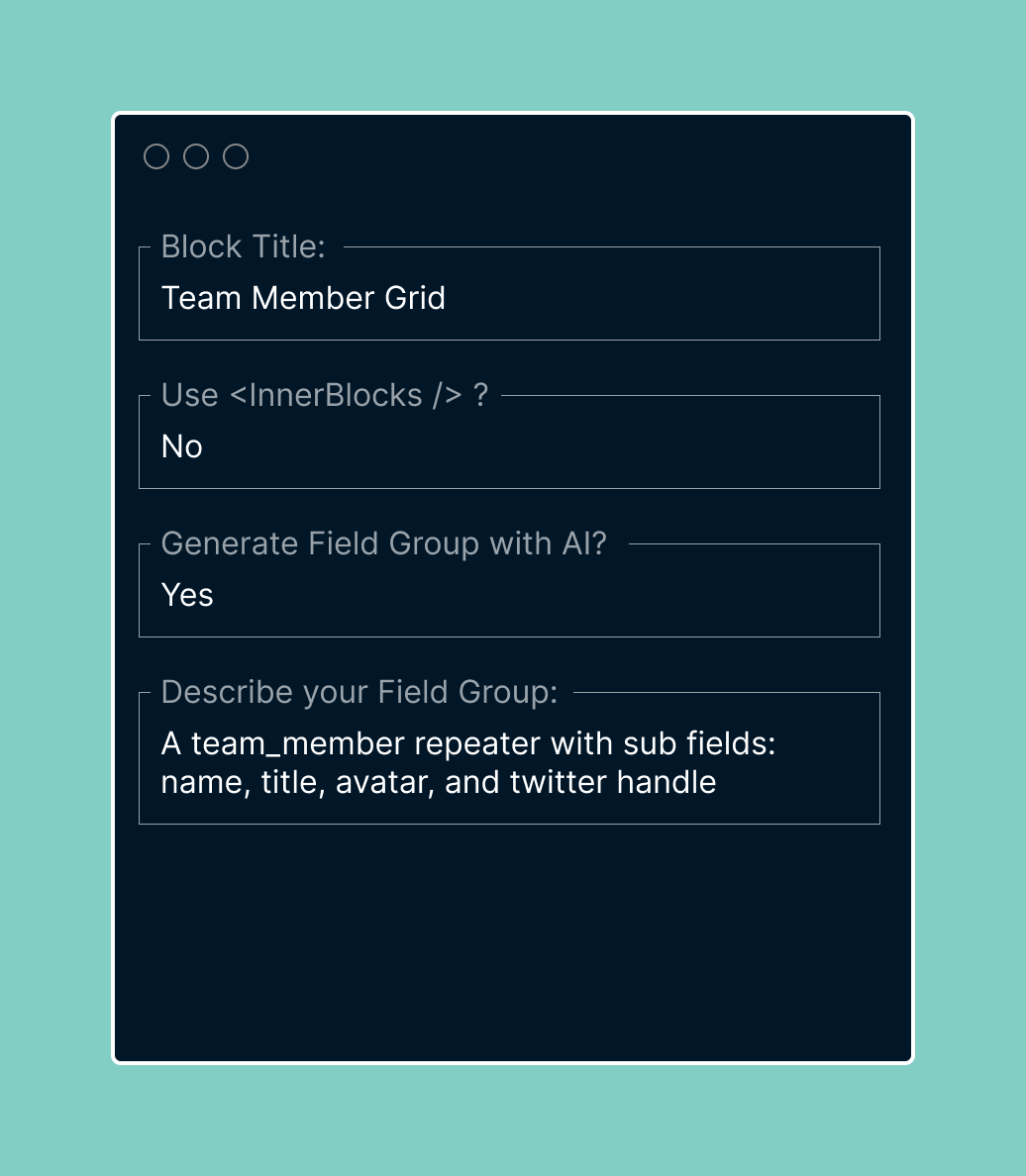Joey_Farruggio's tweet photo. #WordPress / @wp_acf devs - what do you think of this?

A CLI for scaffolding out your ACF blocks with the aid of OpenAI?

Once you complete the prompts, a fields.php will be generated and collocated with your template using the ACF Builder package by @stevepfisterer. https://t.co/Xsq30DYkga