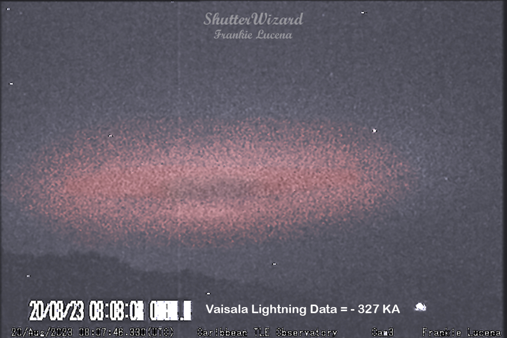 frankie57pr's tweet photo. Elve lightning event over Franklin just before it became a tropical storm on Sunday. Taken at  4am LT (08:04 UTC). @DeborahTiempo @adamonzon @weatherchannel @VaisalaGroup @AMSAtmoElect @NASA @NOAA @NWS @NWSSanJuan @ASIM_Payload @spritacular @wunderground #PlasmaEvent https://t.co/PxNM5mSbh3