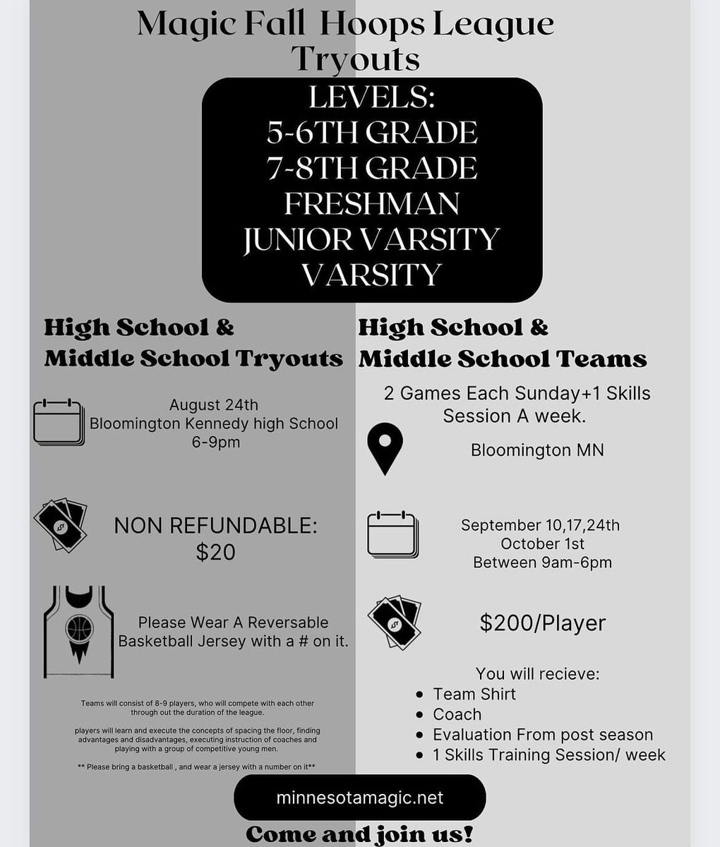 Fall League Coming Up!

Teams to expect to see:
Eau Claire Memorial high school ( WI )
Grassroots Sizzle
Minneapolis Spartans
Washburn
Northstar Titans
Chippewa Valley Select ( WI )
Park center middle school 
&amp; More to come!

Teams Register below:

minnesotamagic.net/teamregistrati…