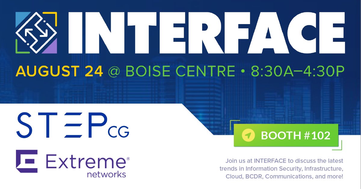 STEPcg's tweet photo. Join us at INTERFACE in Boise to discuss the latest trends in information security, infrastructure, cloud, network, and more!

https://t.co/lCVAtW8ZPG

#INTERFACE #stepcg #extremenetworks https://t.co/eSmL2StIjd