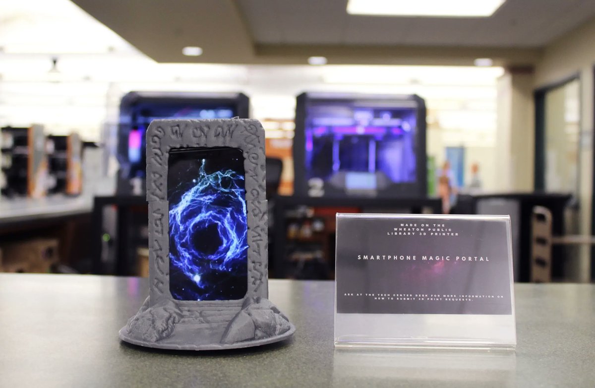 A portal to a new dimension has opened in the Tech Center… 🌌

Created by WPL staff member Dillon, this 3D printed smartphone magic portal is made up of 2 pieces and took 8 hours to print. Stop by our Tech Center the next time you are in to see this 3D creation on display!