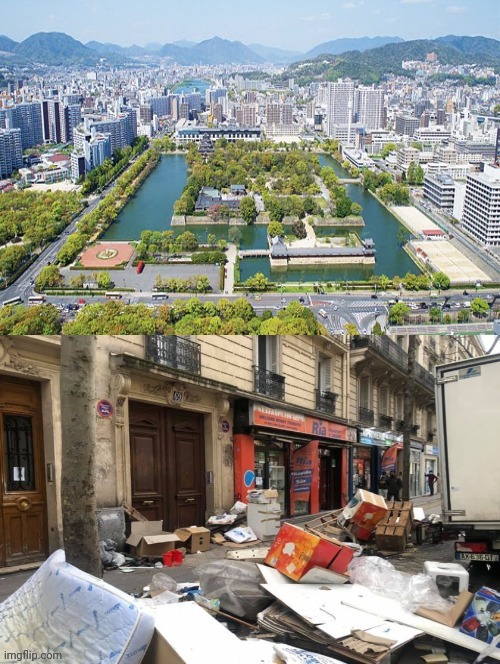 Photo 1 : Hiroshima aujourd'hui, malgré 1 bombe nucléaire.

Photo 2 : Paris, après 2 mandats d'Hidalgo.

Conclusion : Hidalgo est plus destructrice qu'une arme nucléaire.

#SaccageParis #Seine #masque

➡️ Telegram: t.me/KimJongUnique