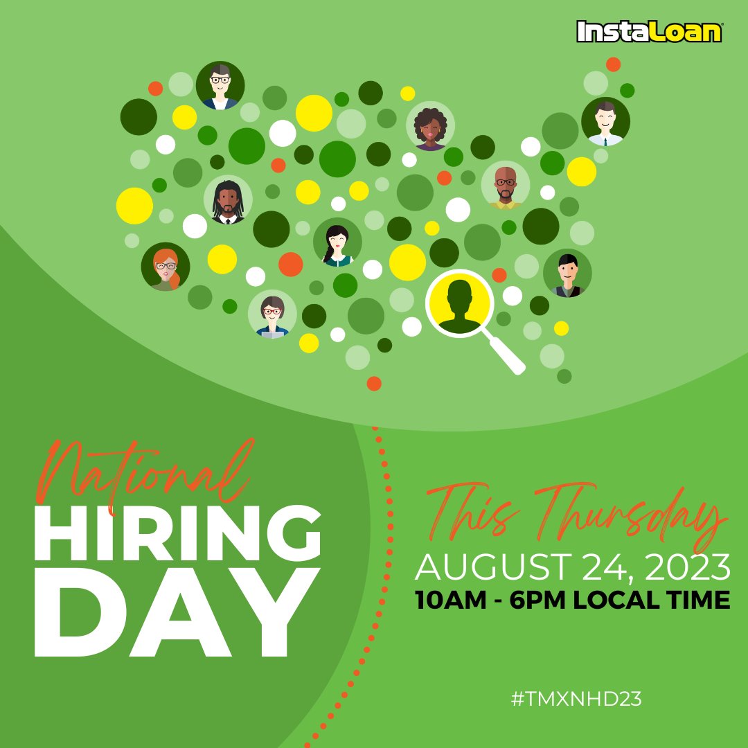 Our National Hiring Day event is in THREE DAYS! Join us THIS THURSDAY at any InstaLoan® from 10am-6pm local time for open interviews &amp; potential on-the-spot-offers for certain positions! Learn more about who we are &amp; what we do. >> bit.ly/tmxnhd23