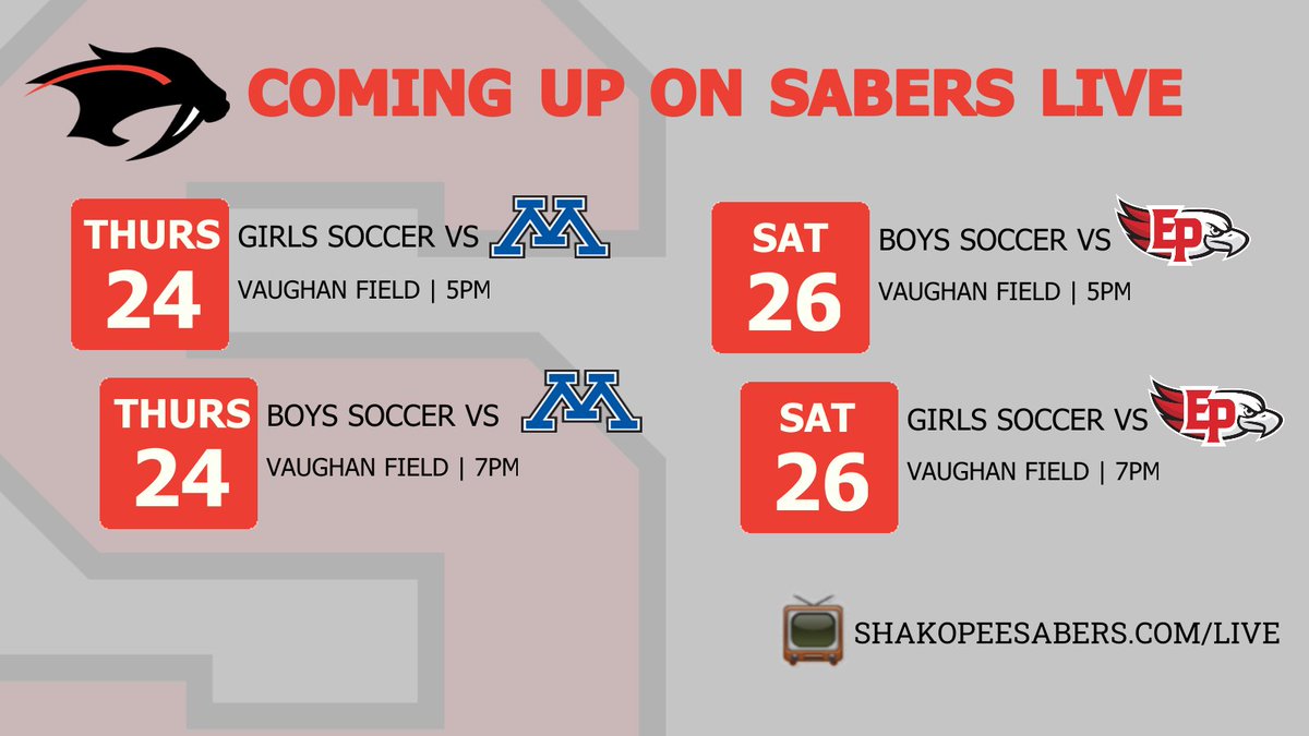 SabersLive's tweet photo. Anybody up for some footy? A pair of Shako Soccer doubleheaders kick off our Fall sports coverage this week on Sabers Live! Watch live or on-demand later at https://t.co/v8FdkG5kc6 ⚽️

@SHSBoysSoccer1 @SHSSaberSoccer https://t.co/iM4LcOBaLu