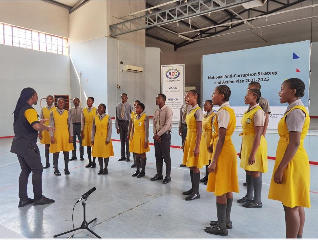 NBCNamibia's tweet photo. That means Dr Alpo Mbamba SS is the first school that makes it to the final round of the the Anti-Corruption Song Competition. 

#JoinTheFight
#OneVoice
#NACSAP https://t.co/b0IGQVusKk