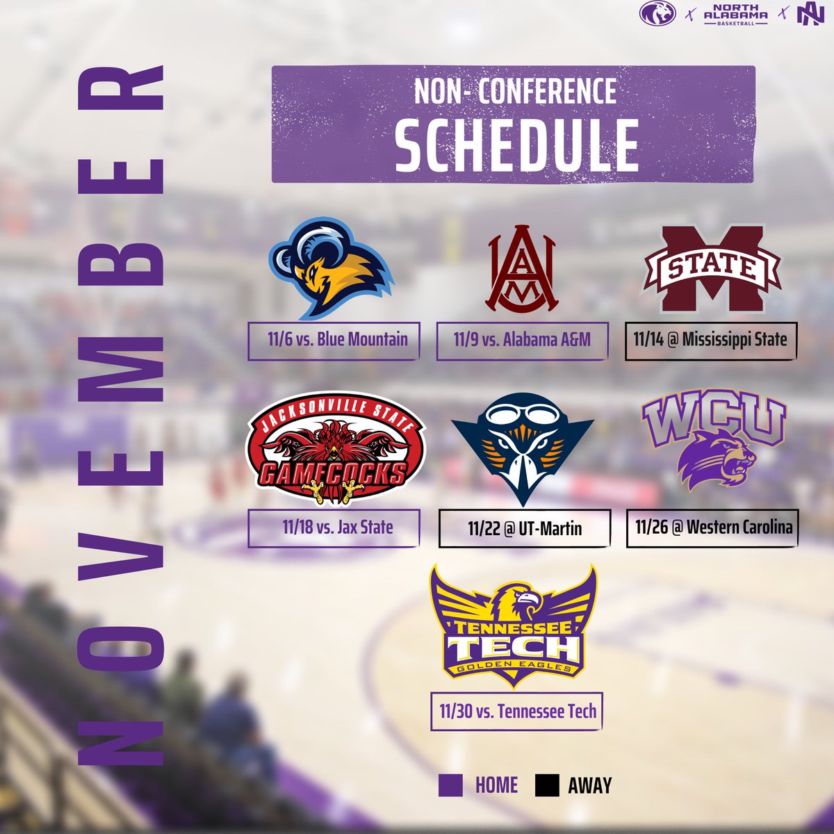 UNA_Basketball's tweet photo. 🚨ICYMI🚨

Our 2023/24 Non-Conference Slate has been released❕

1️⃣4️⃣ Games 🏀

8️⃣ on the Road 🚗✈️

6️⃣ at Home in The Bank 🏦 

4️⃣ vs. P5 Opponents 🦾

#RaiseTheRoar🦁🔥 https://t.co/vVbWVTpHJ4