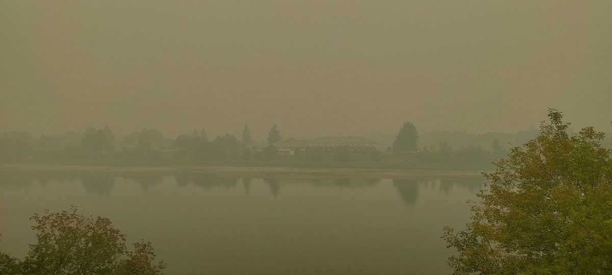 Closing in on 24 hours of it being this thick here in Kamloops.  Woke up with a sore throat and my eyes are burning.  The AC filters can't keep up with this stuff.  Everything smells like a campfire.  

And I'm one of the lucky ones.

#BCWildfires