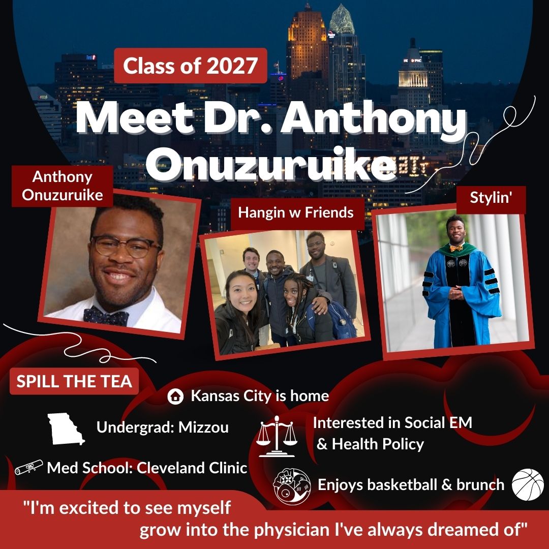 Dr. Onuzuruike is a Missouri boy whose home is Kansas City & alma mater is @mizzou He did medical school at the Cleveland Clinic Lerner College of Medicine at @cwrusom and is interested in #HealthPolicy & #SocialEM. In his free time he plays 🏀, paints & brunches @DrTone_Artist