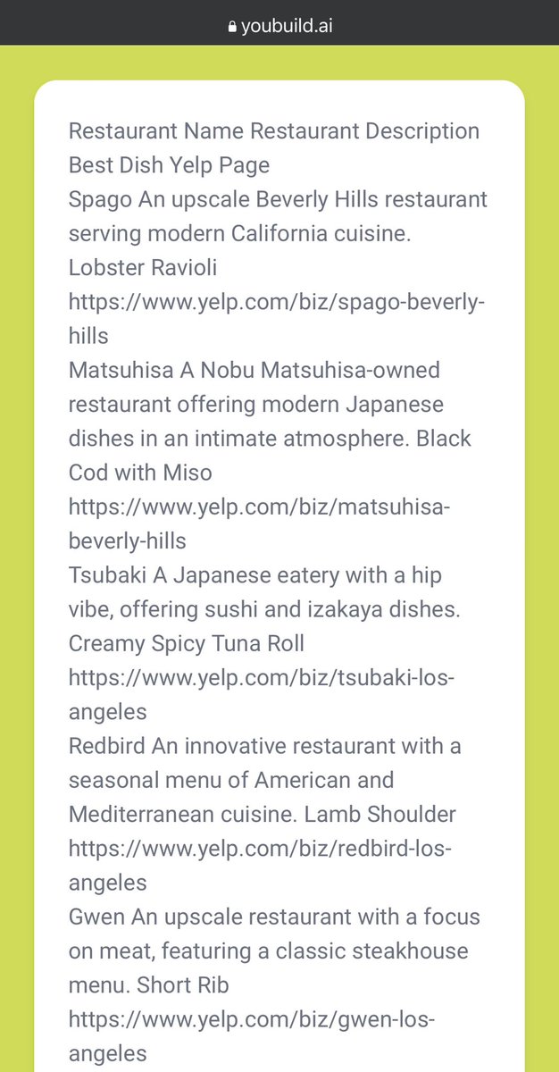 Youbuild_Ai's tweet photo. Craving a culinary adventure in your local city?Introducing the YouBuilder created Restaurant Reviewer 📱 app!

https://t.co/Q52bd6KISb 

Bon appétit! #FoodieFinds #RestaurantReviewer #AI #nobu @Spago_sa https://t.co/BmRlGMi1zi