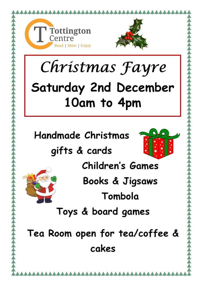 If you would like to book a stall at our popular Christmas Fayre please call in the Centre or email us at info@tottingtoncentre.co.uk