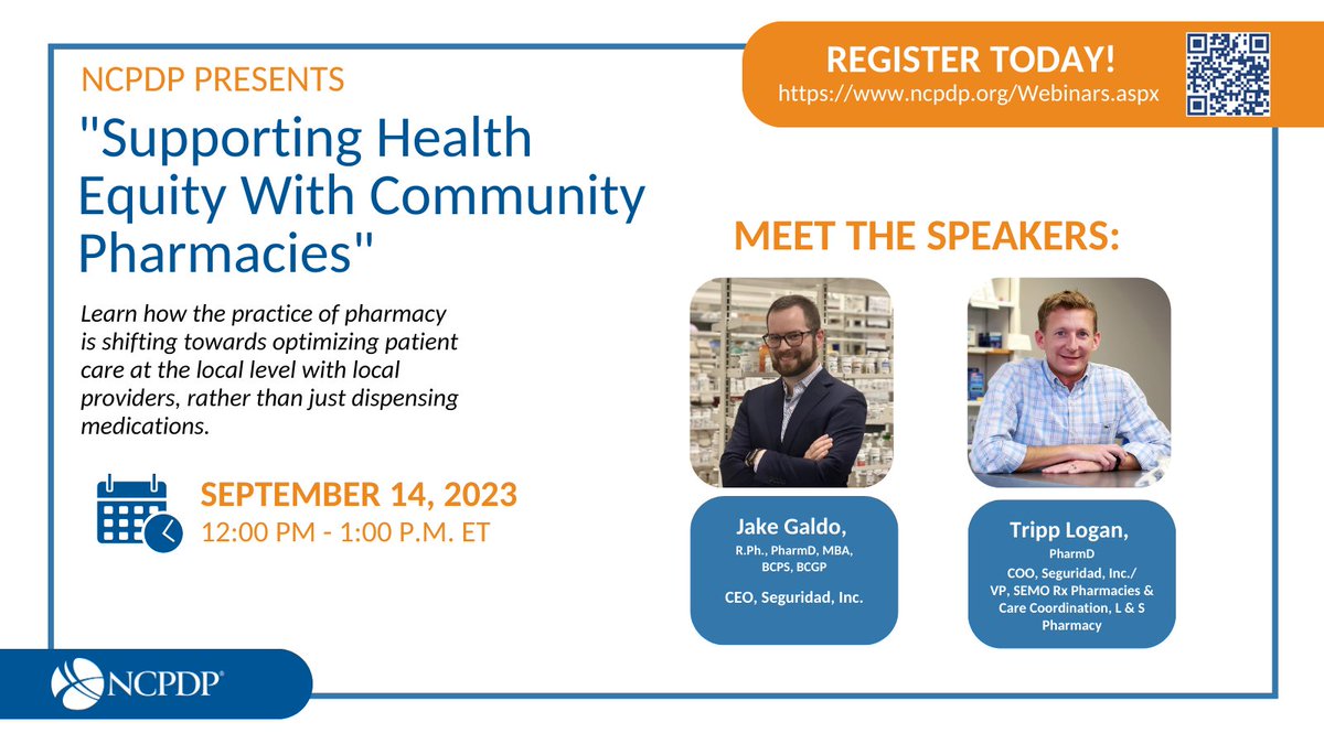 NCPDP's tweet photo. Don't miss this important NCPDP #webinar on 9/14 "Supporting #HealthEquity With #CommunityPharmacies"!   

Learn how the practice of #pharmacy is shifting towards optimizing patient care at the local level with local providers

Register: https://t.co/NkYcmmzoaT https://t.co/dO68SGbEhn