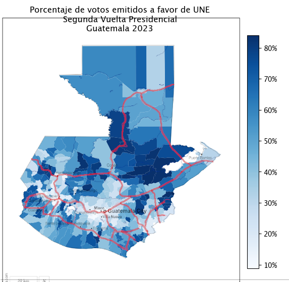 SEMILLA ganó principalmente en la región que están a lo largo de la carretera interamericana. El voto fuerte de la UNE ocurrió donde no hay carreteras principales.

#EleccionesGT2023 #EleccionesGT