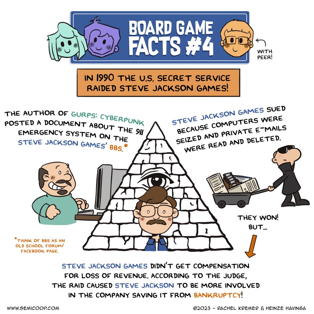 New comic! More <a href="/BoardgameFacts/">Random Boardgame Facts</a> with @Koenigvonsiam. The Secret Service raided <a href="/SJGames/">Steve Jackson Games</a> which, according to the judge, saved the company! 

This fact had to be done in <a href="/muskrat_john/">Blue Skies Muskrat</a>'s style. 😁

For more comics about #boardgames, follow us or check out semicoop.com!
