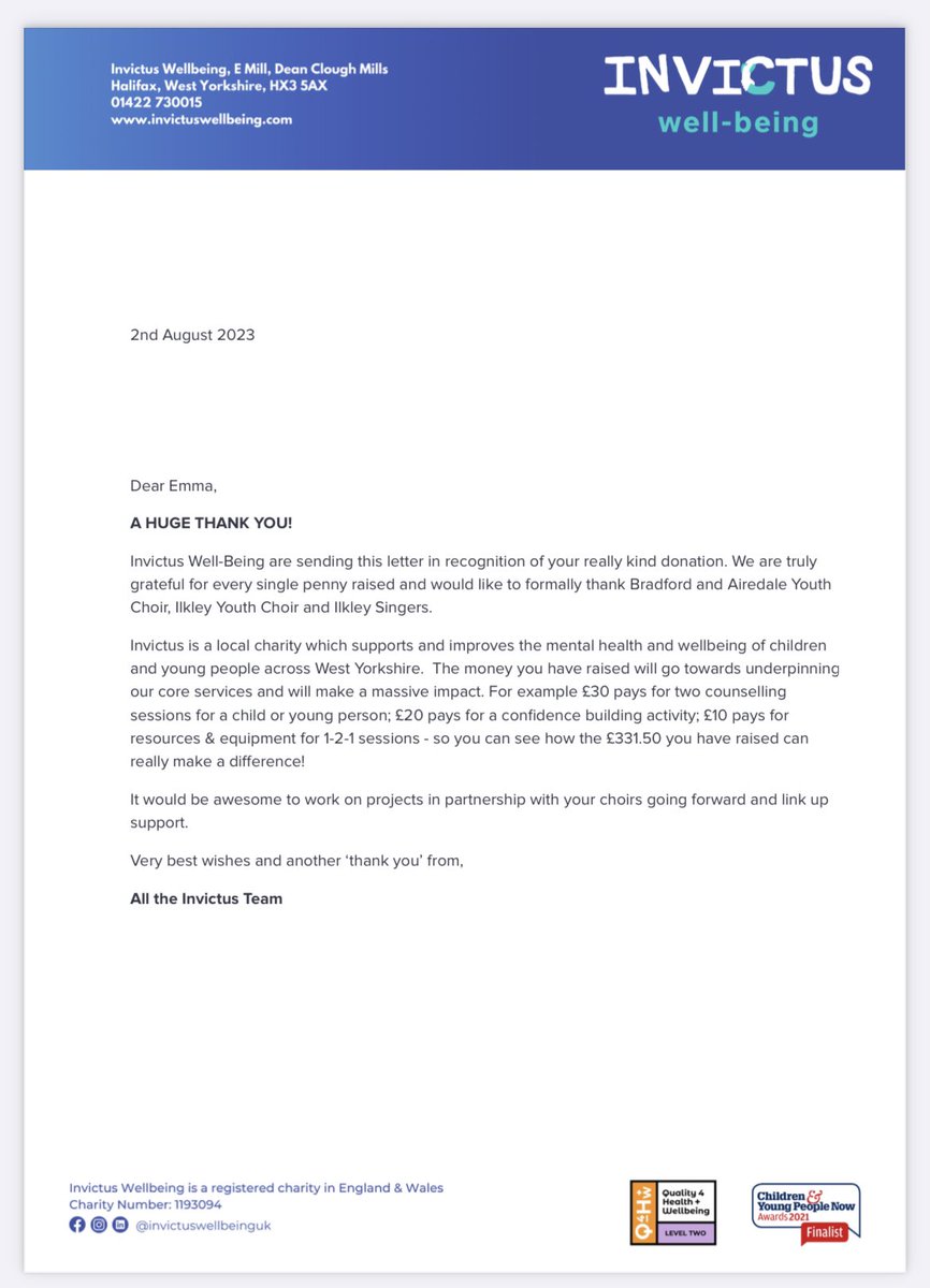 The second charity that we are so happy to able to support from the money raised at our Summer Concerts is <a href="/InvictusWbeing/">Invictus Wellbeing</a> . Along with <a href="/ChoirIlkley/">Ilkley Youth Choir</a> and <a href="/IlkleyStageSing/">Ilkley Stage Singers</a> we were able to donate £331.50. Thank you so much to everyone who performed, bought tickets, and volunteered!