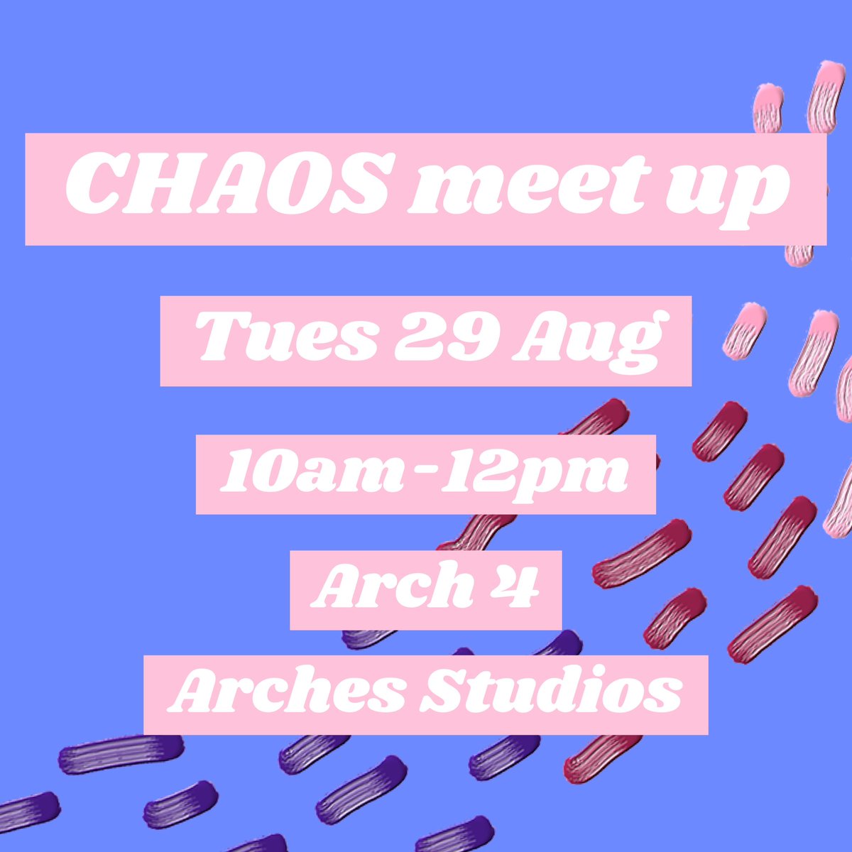 CHAOS meet up next Tuesday! We’ll be at @ArchesStudio ahead of their open studios in September 🎨 It’s a great chance to meet other local creatives and find out what everyone is up to ⚡️ Everyone’s welcome, so come and say hi 👋 More info here 👇 chaosnetwork.org.uk/meetings/