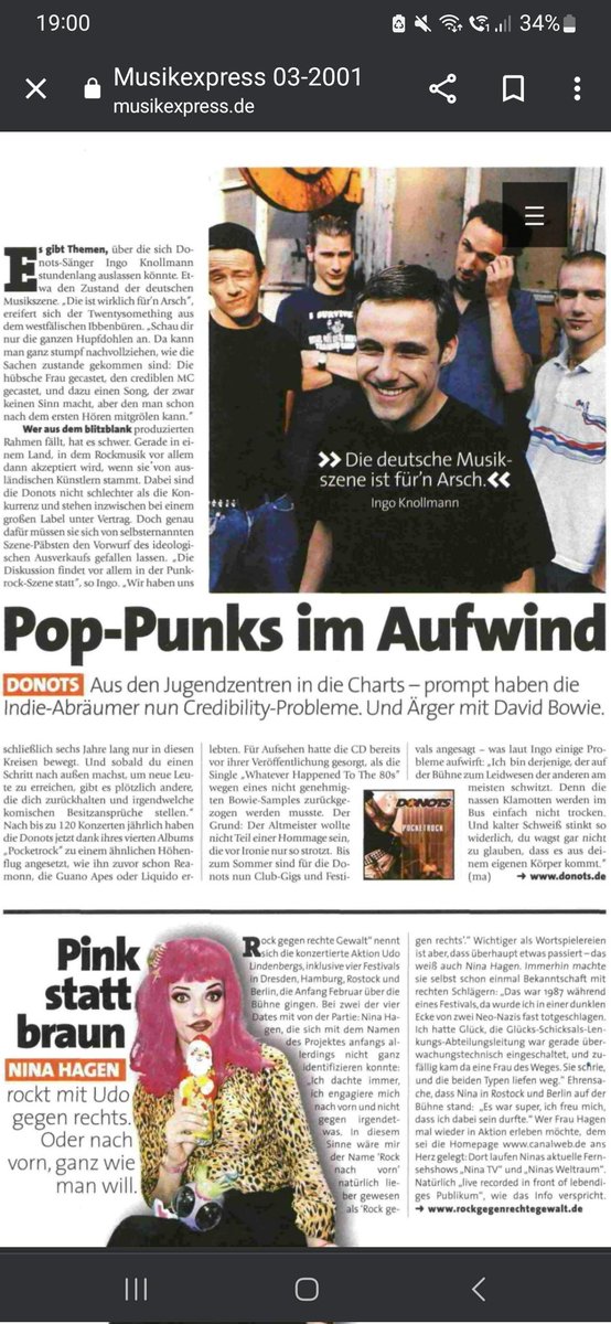 Ich liege Krank im Bett uns suche einen Sampler aus meiner Jugend. Und da finde ich diesen Artikel über @donotsofficial in der <a href="/MUSIKEXPRESSde/">Musikexpress</a> 03/01. Ingo, wie ist das heute mit dem schwitzen? 😄
Grüße auch an Nina Hagen und <a href="/udolindenberg/">Udo Lindenberg</a> . 🖖