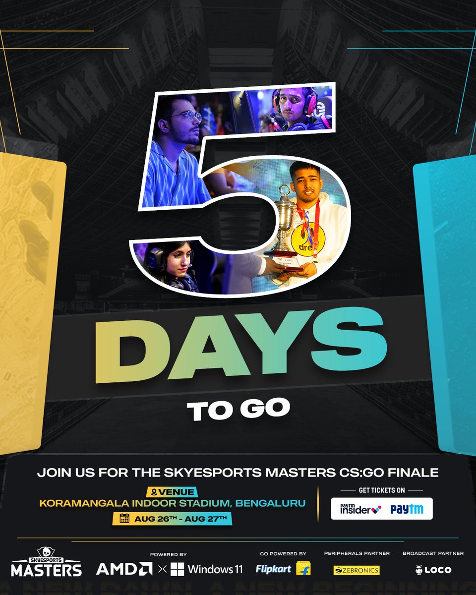 The hard countdown begins! We are just 5 Days away from #SkyesportsMasters and the LAN vibes are kicking in! 🔥🔥🎶

Have you booked your Tickets yet? 

Get your FREE tickets before it's too late! 🎟️

🗓️ Aug 26th - Aug 27th, 2023
Venue: Koramangala Indoor Stadium, Bengaluru

 🎟️