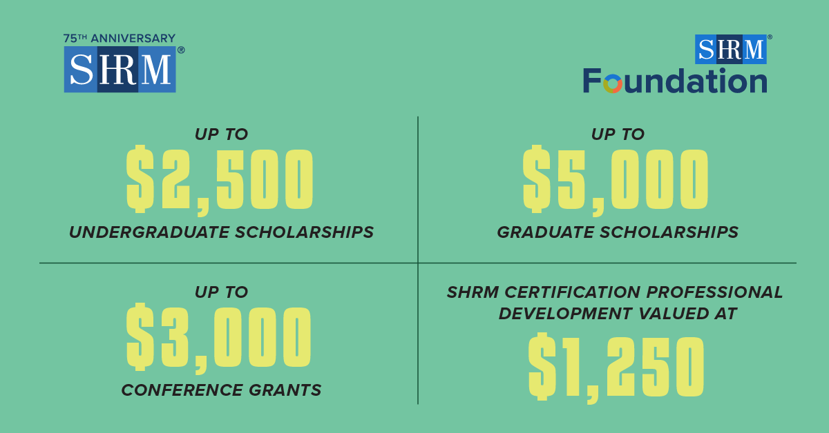 SHRM's tweet photo. The #SHRMFoundation is offering scholarships, grants, and awards for #SHRMStudent members! Don't miss out on these amazing opportunities to invest in your future. π Find out if you qualify: https://t.co/wZq8I90Qai https://t.co/Q1Sq3Ii8sP