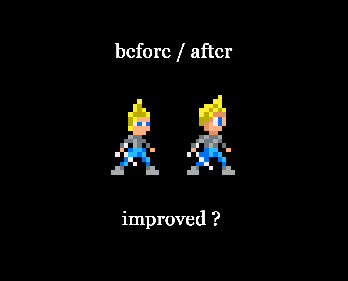 DavidRevel's tweet photo. Hi pals, is it better or not? some advices?
#saltsword #actionplatformer #idlesprite #idle #sprite #8bit #8bitsprite #nesstyle #nes #8bitstyle #pixelart #8bitpixelart #gamedev #indiegamedev #indiedev #indiegame #hero #swordman #retrogaming #oldschoolgaming https://t.co/MxMzYyA7YX