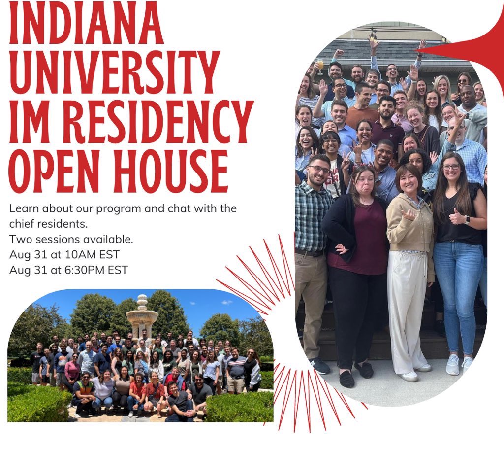 Indiana University Internal Medicine (@iuintmed) on Twitter photo 📣Who is ready to learn more about our program? Please join us for our residency open house on August 31 by registering on the link (iu.co1.qualtrics.com/jfe/form/SV_5j…) Zoom link will be shared with those registered🙌🏼 #Match2024 <a href="/Inside_TheMatch/">Inside The Match</a>
<a href="/IUGenMed/">IUSM General Internal Medicine & Geriatrics</a> <a href="/IUSMDeptMed/">IU School of Medicine Department of Medicine</a> 📣Who is ready to learn more about our program? Please join us for our residency open house on August 31 by registering on the link (iu.co1.qualtrics.com/jfe/form/SV_5j…) Zoom link will be shared with those registered🙌🏼 #Match2024 <a href="/Inside_TheMatch/">Inside The Match</a>
<a href="/IUGenMed/">IUSM General Internal Medicine & Geriatrics</a> <a href="/IUSMDeptMed/">IU School of Medicine Department of Medicine</a>