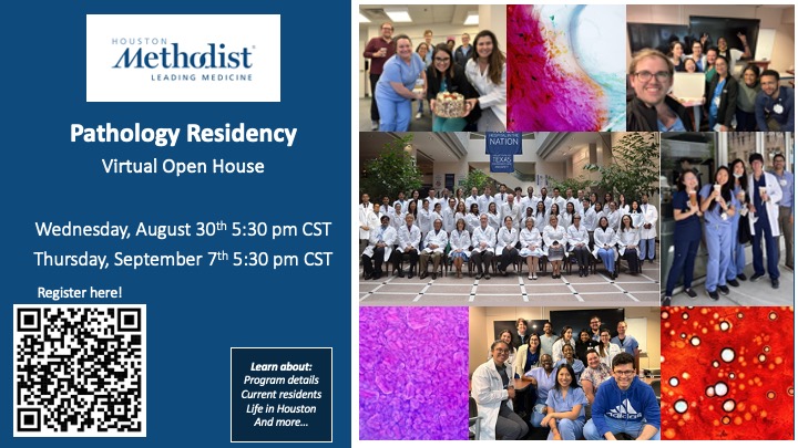 HMPathology's tweet photo. Join our Pathology Residency Virtual Open House! Come learn about what our program offers, explore life in Houston, and connect with our current residents. 

🔗Registration link: https://t.co/l7XZ5BwUz7

#PathologyResidency #PathTwitter #PathMatch2024 #HMHPath @bugpod https://t.co/VUNP71kABT