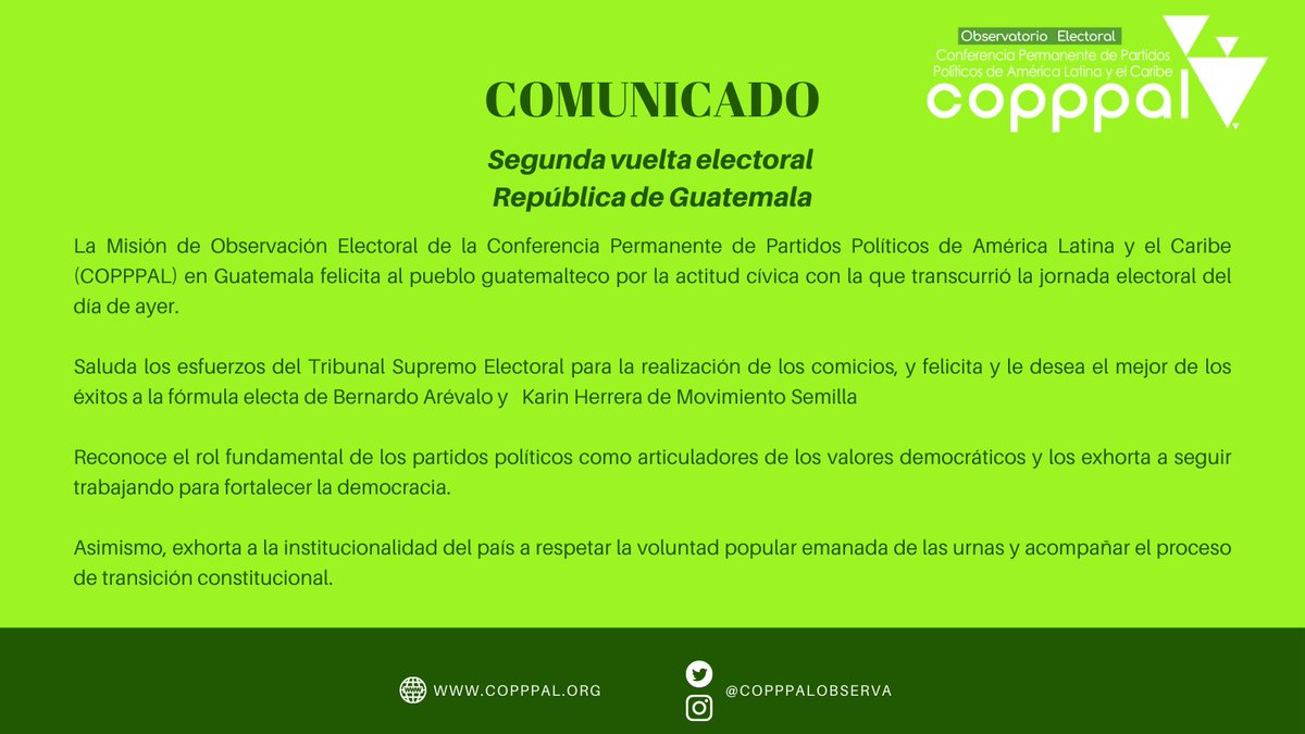#Guatemala🇬🇹 | COMUNICADO La MOE felicita al pueblo guatemalteco por la jornada electoral del día de ayer, saluda los esfuerzos del @TSEGuatemala en la organización de los comicios y felicita a la fórmula liderada por @BArevalodeLeon @DoloresGandulfo @MartellPLH @SANDRANORIEGAS