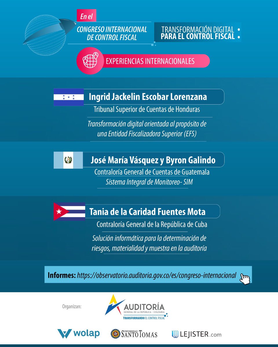 AuditoriaGen's tweet photo. En el #CongresoInternacional de #ControlFiscal
EXPERIENCIAS INTERNACIONALES
#TransformaciónDigital
#AnalíticaDeDatos
#InteligenciaArtificial
#LuchaAntiCorrupción
Informes: https://t.co/LmxWyyNg00
#TransformandoElControlFiscal @santotocolombia https://t.co/1PuviytDUJ