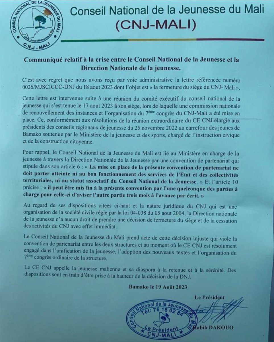 Clement_lerou's tweet photo. 🚨#Mali_Alert 
Le conseil national de la jeunesse du #Mali (#CNJ ) prévoit de contester la décision du ministère de la jeunesse et menace d'user la méthode forte si ses doléances ne sont pas satisfaites. https://t.co/ZSh1a6TyCX